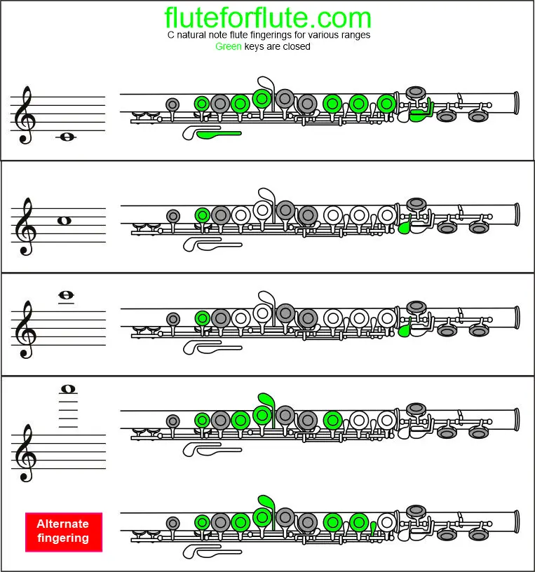 How To Play C On Flute: Fingering and trill chart for low and high octaves